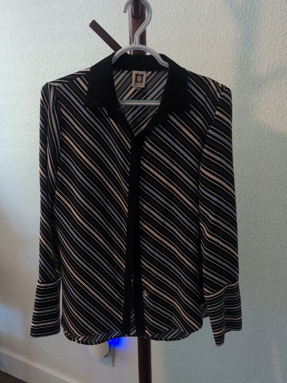 Anne Klein Black Blouse with Pink and Light Blue Stripes